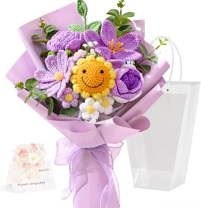 Faylifeway Crochet Flower Bouquet, Handmade Knitted Flowers,Purple Crochet Sunflower Bouquet for Lover Birthday, Anniversa...