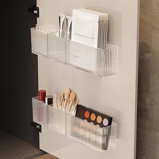 2 Pack Bathroom Makeup Organizer Wall Mount Clear Bathroom Organizers and Storage with 3 Compartments Plastic Storage Orga...