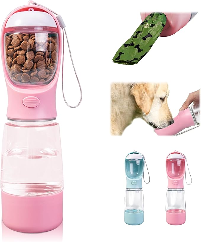 Dog Water Bottle with Food Storage & Poop Bag Dispenser - 3-in-1 Portable Pet Water Bowl for Hiking, Walking, and Travel -...