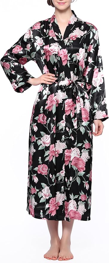 Lavenderi Women's Satin Kimono Robe - Long Classic Satin Lounge Bathrobe