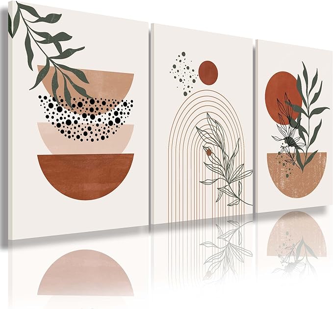 Boho Wall Art Prints, Boho Wall Decor, Abstract Geometric Prints Black Beige Terracotta Minimalist Art, Natural Framed Can...