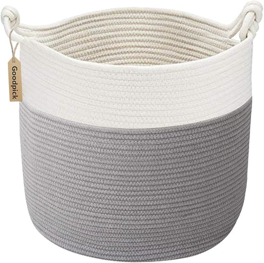 Goodpick Cotton Rope Storage Basket, 15 x 14.2 Inches Baby Laundry Baskets for Clothes, Toy Storage Blanket Basket With Ha...