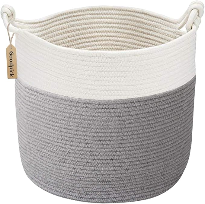 Goodpick Cotton Rope Storage Basket, 15 x 14.2 Inches Baby Laundry Baskets for Clothes, Toy Storage Blanket Basket With Ha...