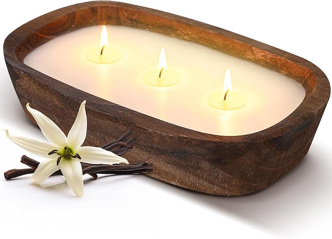 Threlaco 1 Pack 10 Inch Wood Dough Bowl Candles Home Rustic Dough Bowl Soy Candle 3 Wick Scented Candles Gifts for Men Wom...
