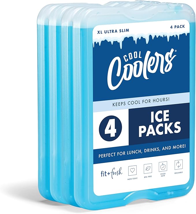 Cool Coolers by Fit & Fresh 4 Pack XL Slim Ice Packs, Quick Freeze Space Saving Reusable Ice Packs for Lunch Boxes or Cool...