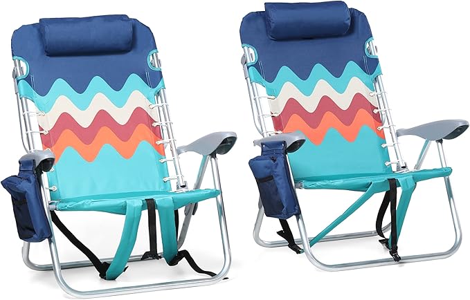 ALPHA CAMP Beach Chairs Set of 2 with Cooler Bag 4 Position Classic Lay Flat Folding with Backpack Straps Support 250LBS (...
