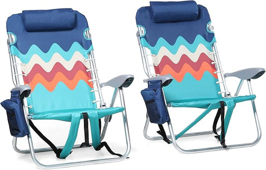 ALPHA CAMP Beach Chairs Set of 2 with Cooler Bag 4 Position Classic Lay Flat Folding with Backpack Straps Support 250LBS (...