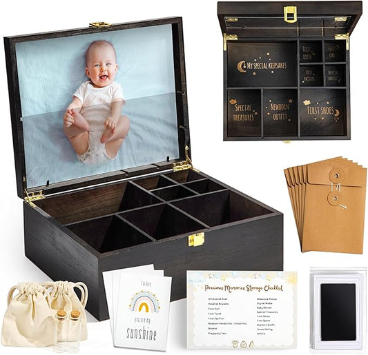 Baby Keepsake Box Wooden with 6 Additional Items - Baby Shower Gifts for Girls Boys New Mom, Newborn Essentials Must Haves...