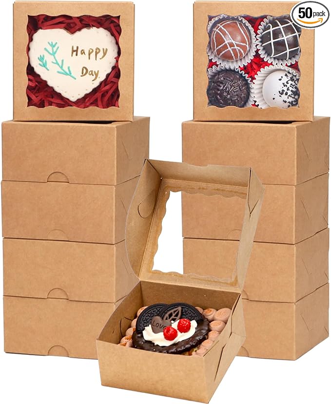 NEKSUNBAK 50-Count 4x4x2 inches Food-Safe Brown Bakery Boxes - Multi-Use Pastry & Treat Packaging for Cookies, Truffles & ...