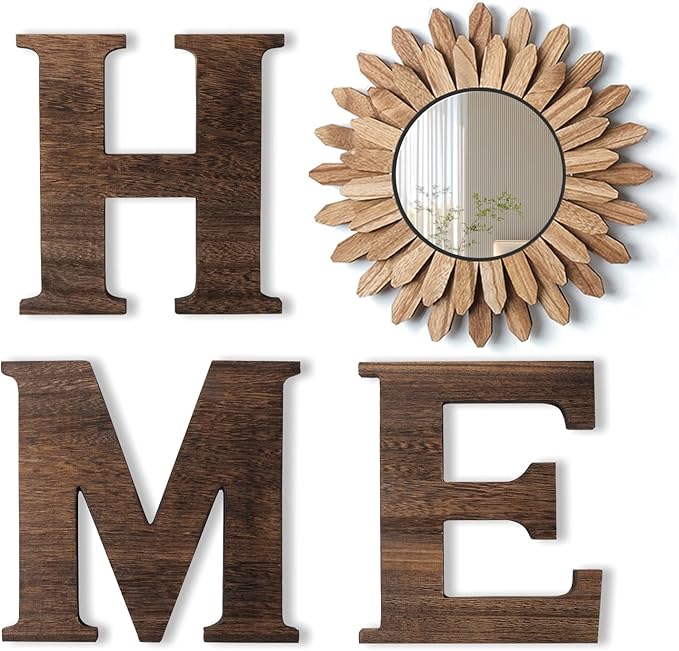 CHIF HAUTH Wood Home Sign with Sunflower Shaped Wood Mirror for O, Thick Letters for Wall Art, Rustic Decor, Farmhouse Hom...