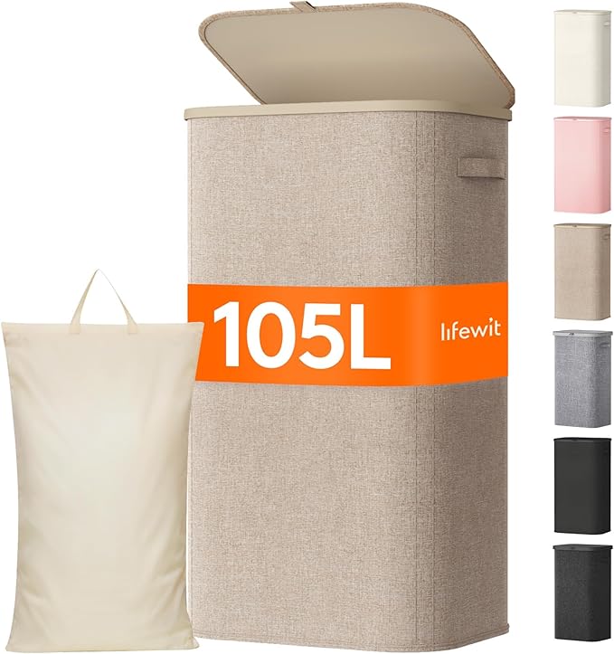 Lifewit 105L Large Laundry Basket with Lid, Laundry Hamper with Plastic Handles and Removable Bag, Foldable Tall Dirty Clo...