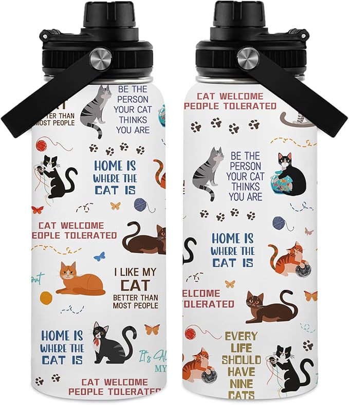 Cats Gifts for Women, 32 oz Insulated Water Bottle, Stainless Steel Sports Travel Bottles, Cute Cat Water Bottles Gifts fo...