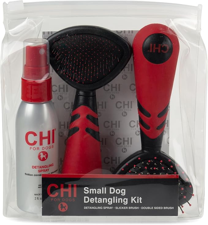 CHI for Dogs Small Dog Detangling Kit, 3-Piece Grooming Set with Detangling Spray, Slicker Brush, and Double-Sided Pin-an...