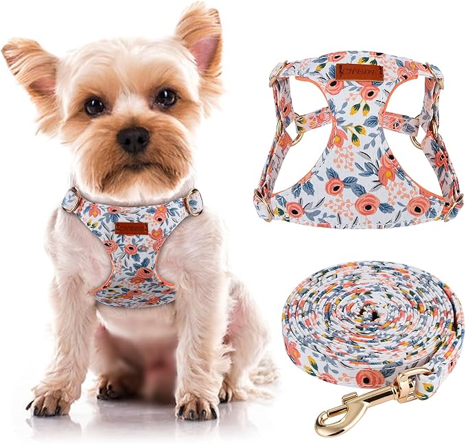 CHEDE No Pull Floral Pattern Dog Harness- Lightweight, Soft, Adjustable Small Harness and Leash Set, Suitable for Puppy Sm...