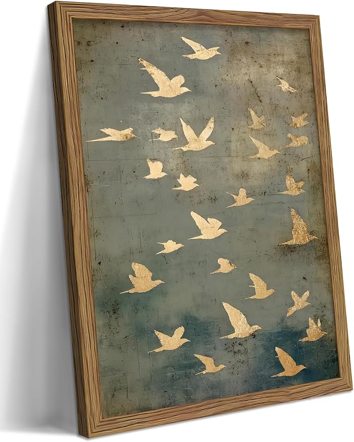 Framed Flock of Birds Canvas Wall Art, Vintage Minimalist Abstract Landscape Painting, Neutral Gold Birds Spiritual Wall D...