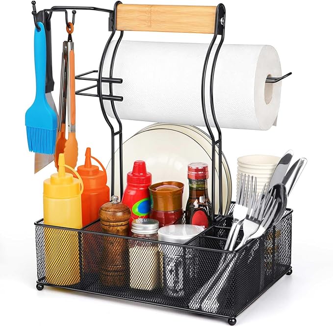 FANGSUN Grill Caddy, BBQ Caddy with Paper Towel Holder, Picnic Condiment Utensil Caddy for Outdoor Camping, Barbecue Acces...