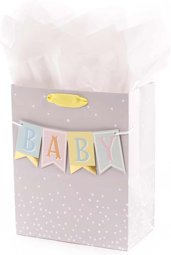 Hallmark 9" Medium Baby Gift Bag with Tissue Paper - Baby Banner in Grey, Pink and Blue for Baby Showers, New Parents, and...