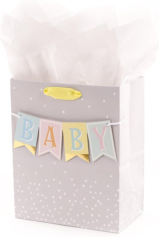 Hallmark 9" Medium Baby Gift Bag with Tissue Paper - Baby Banner in Grey, Pink and Blue for Baby Showers, New Parents, and...