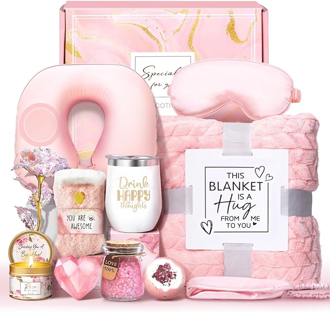 Birthday Gifts for Women Self Care Gifts Get Well Soon Gifts for Women,Relaxing Spa Gifts Basket w/Flannel Blanket Traveli...