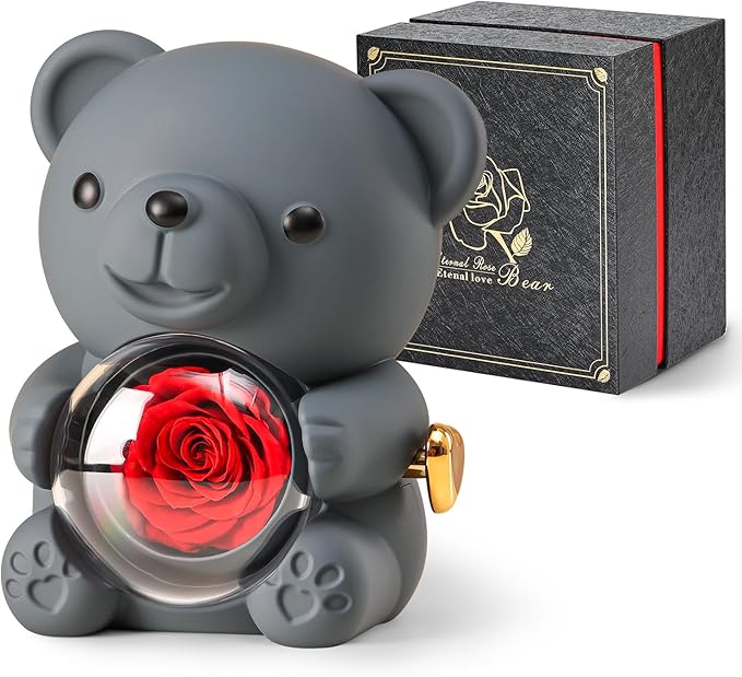 Cute Teddy Bear with Preserved Rose - A Real Rose Flower in Bear with Elegant Gift Box - Romantic Gift for Her in Mother's...