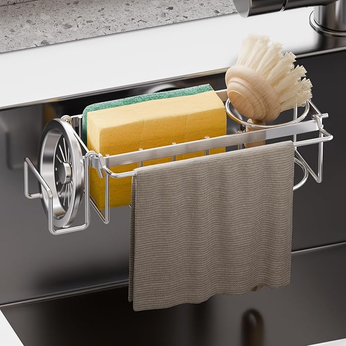 TAILI Sponge Holder with Strong Suction Cup, 4-in-1 Rustproof Sink Organizer - Sink Caddy Holds Sponges, Brushes, Stoppers...