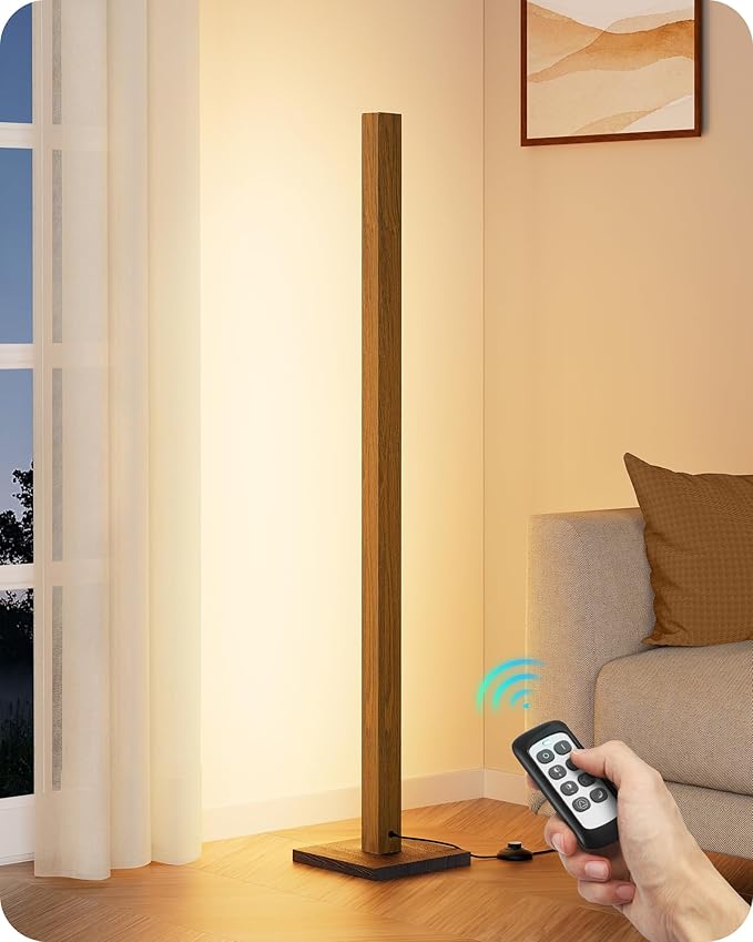 EDISHINE Mid Century Modern Floor Lamp with Remote, Dimmable Wood LED Corner Lamp, Minimalist Standing Mood Lighting for L...