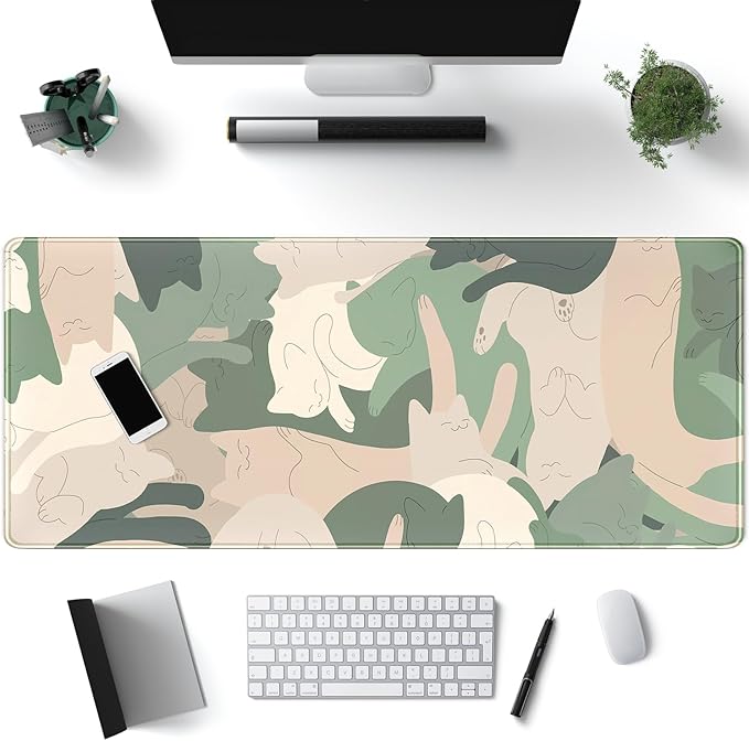 Green Simple Cat Desk Mat Sleeping Cute Long Cool Mouse Pad for Laptop Gaming Computer Keyboard Pad Office Decor Desk Pads...