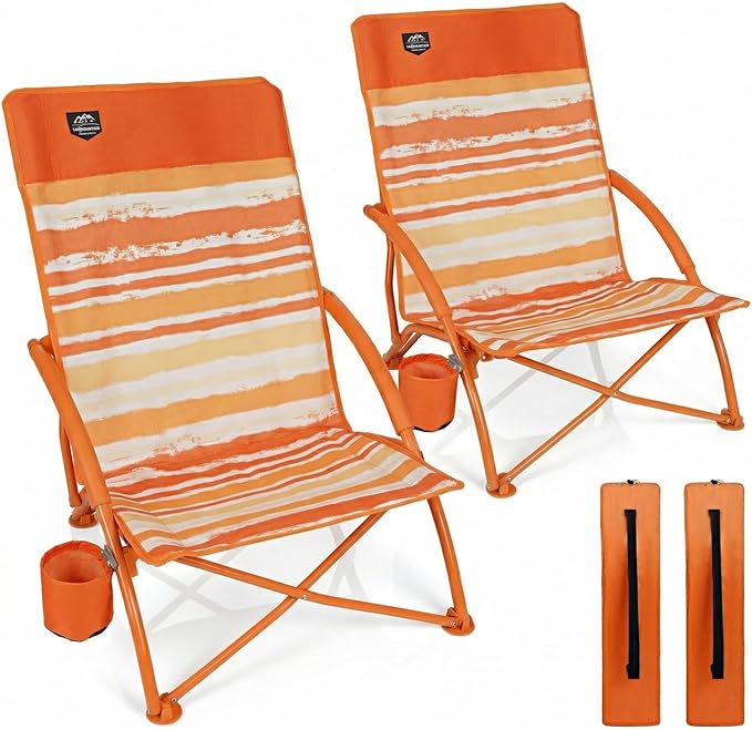 LANMOUNTAIN 2 Pack Low Beach Chair,Folding Recliner Camping Chair for Adults,Lightweight Backpacking Low Seat Camping Chai...