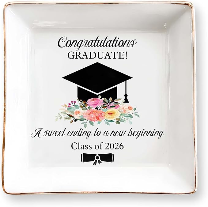 Graduation Gift for Her 2026 – Cap & Flowers Graduate 4" Ceramic Jewelry Dish – Class of 2026 Gift for Daughter, Sister, F...