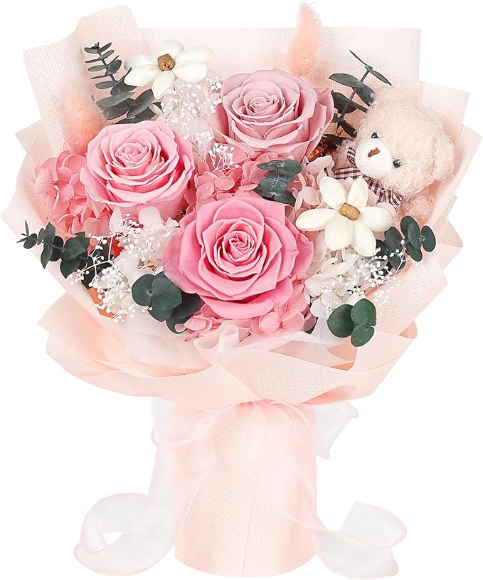 Preserved Flowers Bouquet with Bear, 3 Real Forever Flowers for Delivery, Long-Lasting Pink Eteranl Roses Bouquet, Mothers...