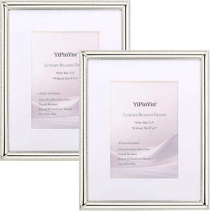 YiPinYin Classy Silver Plated 8x10''Photo Frame 2 pack,Classic Beaded Frame 8x10'' Mat 5x7'',Real Glass Front and Velvet B...