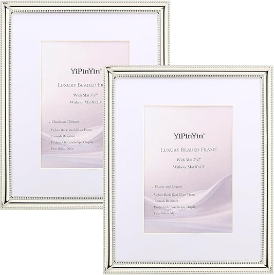 YiPinYin Classy Silver Plated 8x10''Photo Frame 2 pack,Classic Beaded Frame 8x10'' Mat 5x7'',Real Glass Front and Velvet B...