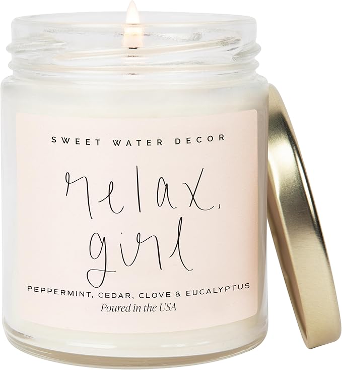 Sweet Water Decor Relax Girl, Peppermint, Cedar, Clove, and Eucalyptus Scented Soy Wax Candle for Home | 9oz Clear Jar, 40...