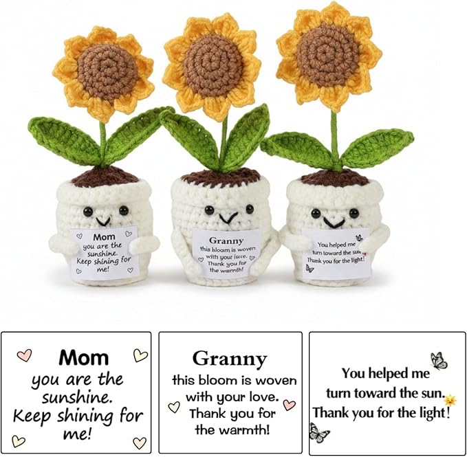 Positive Crochet Sunflower Gift Set of 3 with Message Cards – Emotional Support Handmade Flower, Thank You Appreciation Fa...