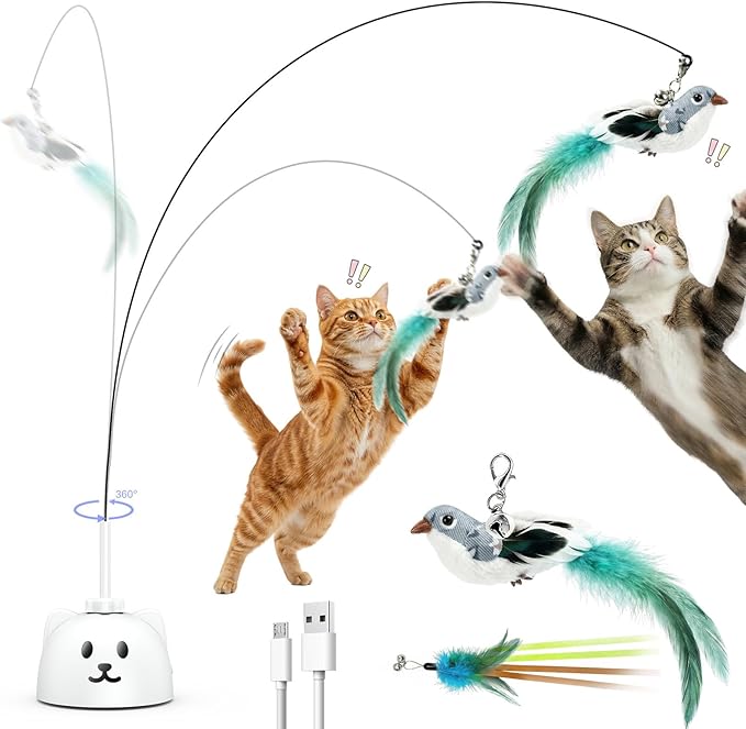 Interactive Cat Toys for Indoor Cats - Automatic Flying Bird Feather Toy, USB Rechargeable Electric Cat Teaser with Sticky...