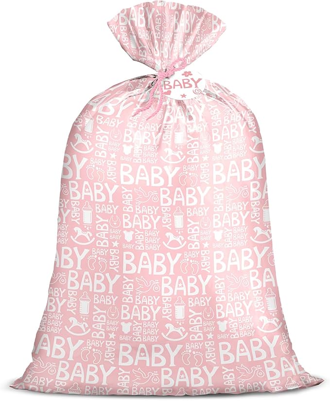 Loveinside Pink Jumbo Large Plastic Gift Bag, Baby Girl Design Plastic Bag with Tag and Tie for Birthday, Baby Shower and ...