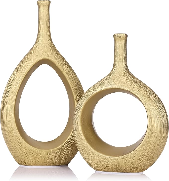 LCCCK Matte Gold Ceramic Vase Set of 2 - Ribbed Hollow Aesthetic Decorative Vase, Modern Farmhouse Table Centerpiece, Boho...