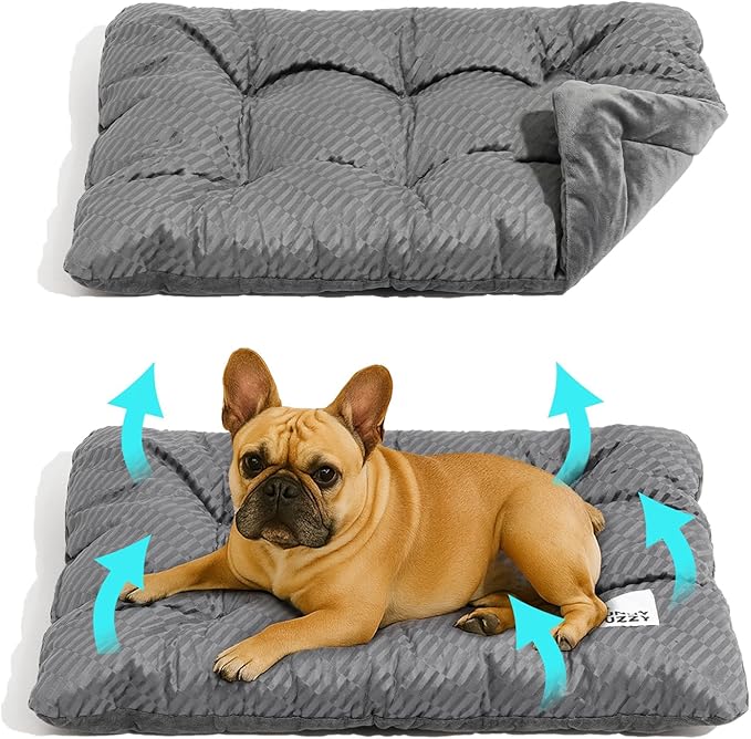 FUNNY FUZZY Washable Dog Crate Pad 30x20, Double-Sided Cooling Linen & Sherpa, Flat Crate Mat/Kennel Pad, Rectangle Dog Be...