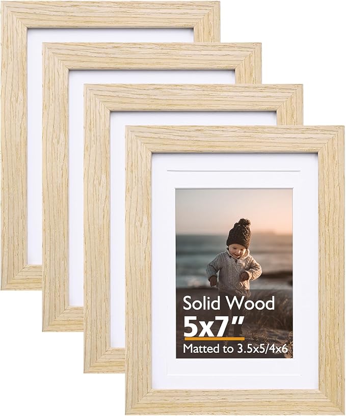 KINLINK 5x7 Picture Frame Natural, Solid Wood Frames with Acrylic Plexiglass for Pictures 3.5x5/4x6 with Mat or 5x7 withou...