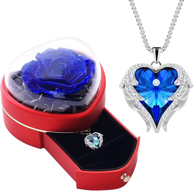 JLQPTX Preserved Real Blue Rose with Heart Necklace Gift Set for Women. Romantic Gifts for Girlfriend Mom on Christmas.For...