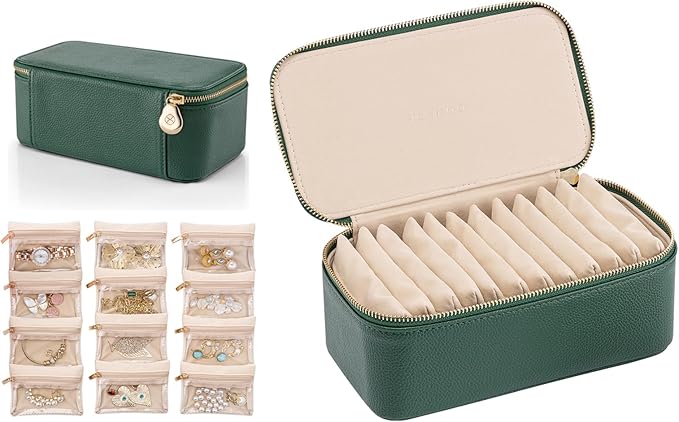 VLANDO Travel Jewelry Box Organizer – Portable PU Leather Jewelry Case with 6/8/12 Zippered Pouches, Compact Storage for E...