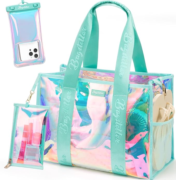 Bagstellar Iridescent Beach Tote Bags for Women, Large Zipper Beach Pool Swim Bag with Makeup Bag & Waterproof Phone Pouch...