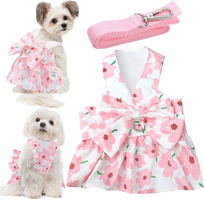 Dog Dress Bowknot Harness Leash Set for Small Girl Dogs Pink Floral Dog Cat Clothes Cute Puppy Outfits Pet Clothes Spring ...
