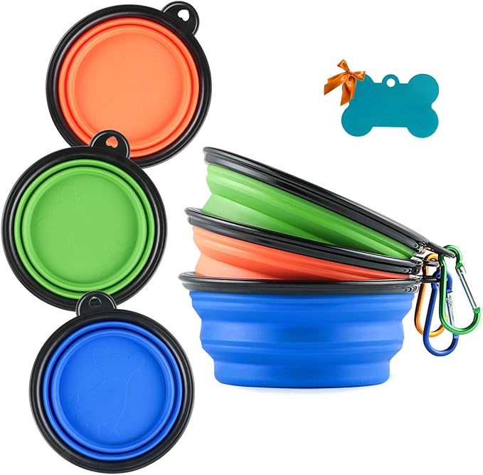 MXZONE 3 Collapsible Silicone Dog Bowl, Foldable Expandable Cup Dish for Small Pet Cat Food Water Feeding Portable Travel ...