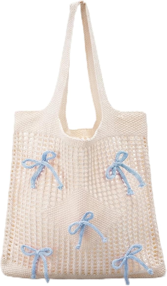 Clysee Crochet Tote Bag for Women Coquette Knit Beach Bag with Bows Preppy Woven Bag Boho Mesh Handbag for Summer Vacation