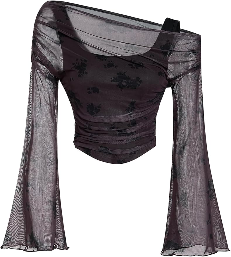 Verdusa Women's Y2k Off The Shoulder Tops Mesh Long Sleeve Crop Tops 2000s Clothing