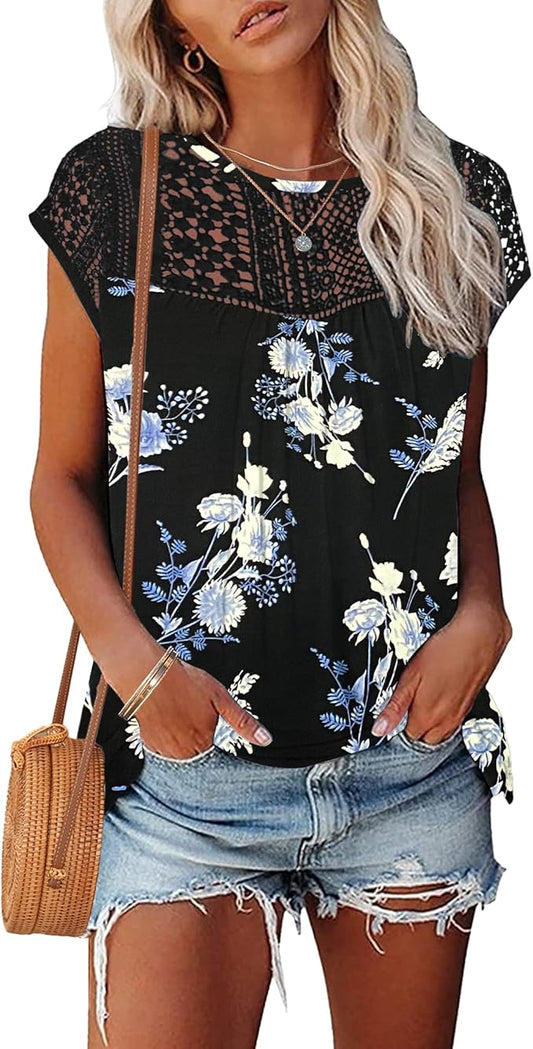 AUSELILY Women's Summer Tops Casual Short Cap Sleeve Crewneck Lace Trim Ladies T Shirts 2026 Trendy