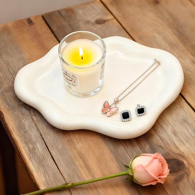 Ceramic White Jewelry Tray, Trinket Dish, Ring Dish, Room Funky Decor Aesthetic, Decorative Cloud Vanity Key Tray for Wome...