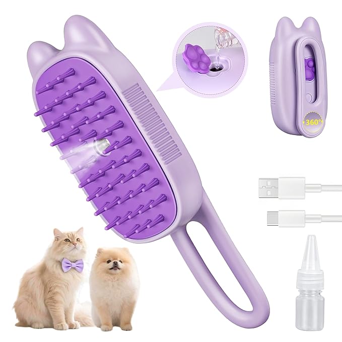 Rechargeable Cat Steam Brush with Mist Spray, 3-in-1 Pet Steam Brush for Long and Short Haired Cats and Small Dogs, Anti-S...