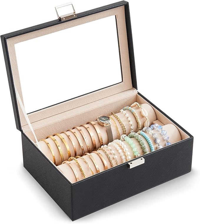 Lolalet Bracelet Display Holder with Rods for Bangles Watches, Clear Lid Jewelry Organizer Box Storage Case for Women Girl...